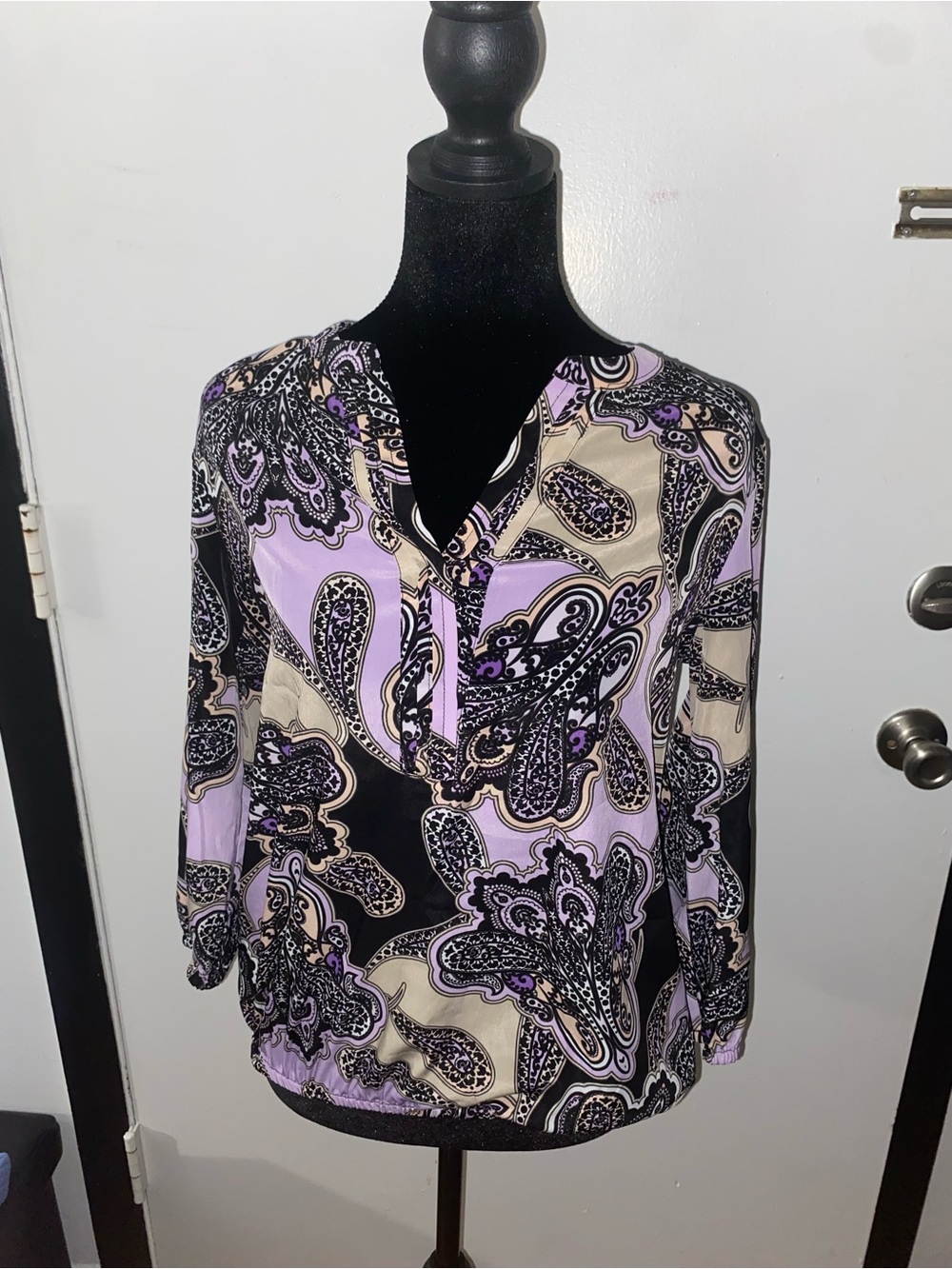 Dana Buchman Lavender and Black Paisley V-Neck Blouse